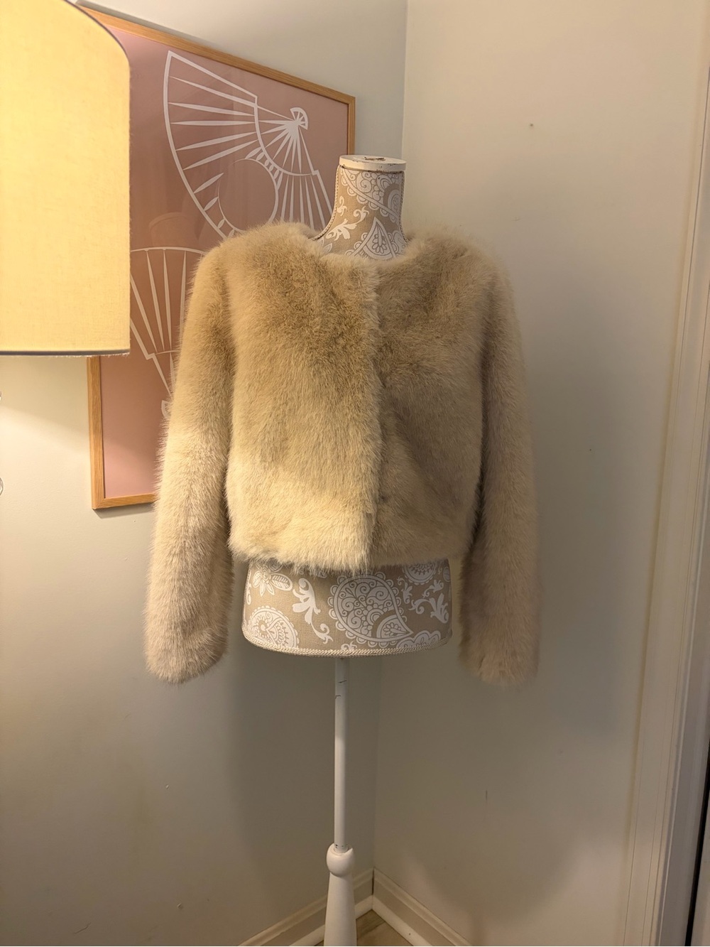 Beige Faux Fur Cropped Jacket - Women's Coat